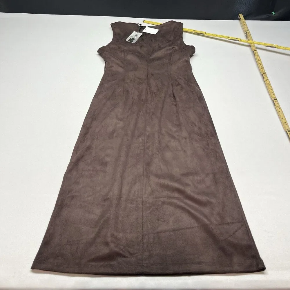 Brown Faux Suede Leather Midi Maxi Dress - Picture 9 of 11